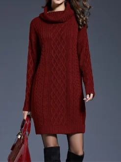 Women's Sweater Dress Jumper Dress Winter Dress Mini Dress Warm Plain Outdoor Daily Holiday Vacation Turtleneck Long Sleeve 2023 Loose Fit White Wine Blue M L XL XXL 3XL -Party Prom Dresses Sales Store yhrfuv1697711246941
