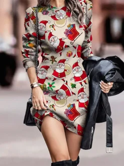 Women's Christmas Dress Sweater Dress Christmas Sweater Dress Mini Dress Ugly Santa Claus Outdoor Christmas Daily Date Crew Neck Long Sleeve Print 2023 Regular Fit Khaki Beige S M L XL XXL 3XL