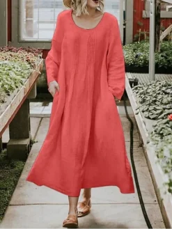 Women's Casual Dress Cotton Linen Dress Swing Dress Maxi Long Dress Linen / Cotton Blend Fashion Classic Outdoor Daily Vacation Crew Neck Ruched Pocket Long Sleeve Summer Spring Fall 2023 Loose Fit -Party Prom Dresses Sales Store yibimh1689325387756