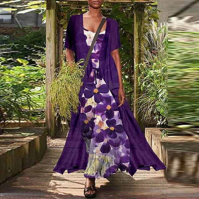 Women's Dress Set Two Piece Dress Chiffon Dress Long Dress Maxi Dress Black Red Navy Blue Short Sleeve Floral Lace Up Summer Spring Crew Neck Stylish Loose Fit 2023 S M L XL XXL 3XL 4XL 5XL 4 Women's Dress Set Two Piece Dress Chiffon Dress Long Dress Maxi Dress Black Red Navy Blue Short Sleeve Floral Lace Up Summer Spring Crew Neck Stylish Loose Fit 2023 S M L XL XXL 3XL 4XL 5XL - Image 4