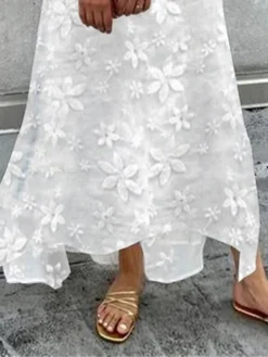 Women's Casual Dress Cotton Linen Dress Swing Dress Maxi Long Dress Cotton Blend Fashion Modern Outdoor Daily Deep V Lace Patchwork Half Sleeve Summer Spring Fall 2023 Loose Fit White Floral Plain S -Party Prom Dresses Sales Store yismxi1682566552335