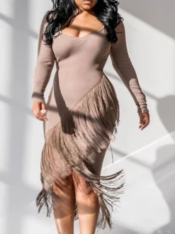 Women‘s Party Dress Wedding Guest Dress Fringe Dress Bodycon Midi Dress Black White Red Long Sleeve Pure Color Tassel Fringe Spring Fall Winter V Neck Fashion Winter Dress Vacation 2022 S M L XL XXL -Party Prom Dresses Sales Store yitsdx1640250277282