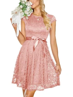 Women‘s Christmas Party Dress Lace Dress Cocktail Dress Midi Dress Pink Wine Navy Blue Short Sleeve Pure Color Lace Spring Fall Winter V Neck Fashion Winter Dress Wedding Guest Vacation 2023 -Party Prom Dresses Sales Store yjeznr1692179196338