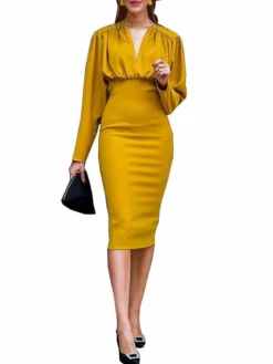 Women's Party Dress Sheath Dress Midi Dress Yellow Long Sleeve Pure Color Ruched Winter Fall Autumn V Neck Casual Party Winter Dress Fall Dress 2022 S M L XL XXL -Party Prom Dresses Sales Store yjlmfg1630920060632