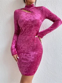 Women's Party Dress Velvet Dress Homecoming Dress Mini Dress Rose Long Sleeve Pure Color Cut Out Spring Fall Winter High Neck Fashion Winter Dress Wedding Guest Vacation 2023 S M L XL -Party Prom Dresses Sales Store ykcrkq1692860979016