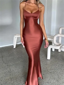 Women‘s Party Dress Satin Dress Sheath Dress Long Dress Maxi Dress Black Brown Sleeveless Pure Color Backless Winter Fall Spring Spaghetti Strap Fashion Party Evening Party Loose Fit 2023 S M L -Party Prom Dresses Sales Store ykhjal1671789825386