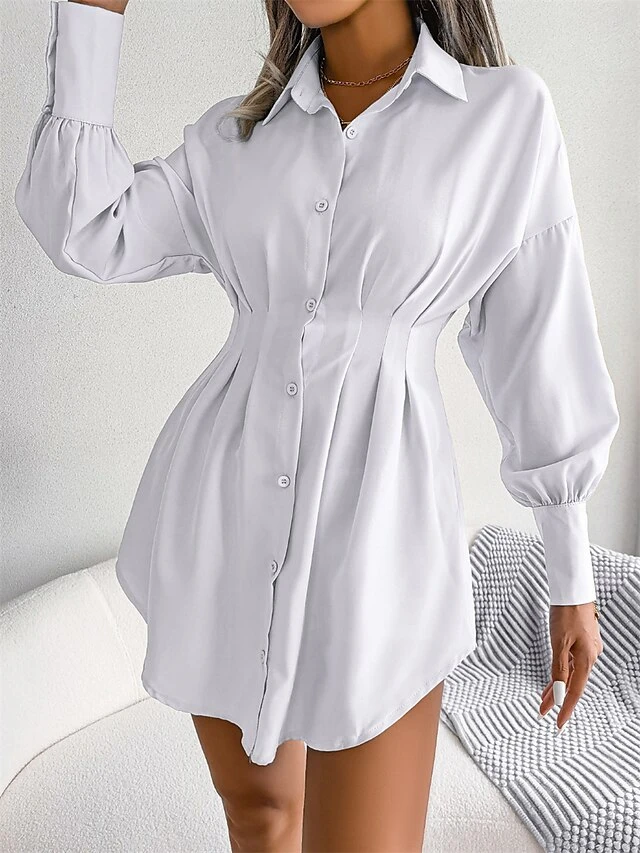 Women's Work Dress White Dress Semi Formal Dress Fashion Office Daily Workfashion Mini Dress Ruched Button Shirt Collar Long Sleeve Plain Loose Fit White Blue Army Green Fall Winter S M L XL 4 Women's Work Dress White Dress Semi Formal Dress Fashion Office Daily Workfashion Mini Dress Ruched Button Shirt Collar Long Sleeve Plain Loose Fit White Blue Army Green Fall Winter S M L XL - Image 4