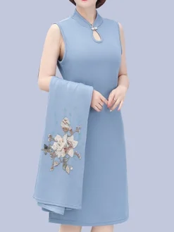 Women's Two Piece Dress Set Print Dress Outdoor Vacation Casual Print Midi Dress Stand Collar Long Sleeve Floral Loose Fit Pink Wine Blue Fall Winter XL XXL XXXL 4XL 5XL -Party Prom Dresses Sales Store ylrzna1675853176148