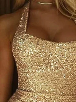 Women's Party Dress Sequin Dress Cocktail Dress Long Dress Maxi Dress Gold Sleeveless Pure Color Sequins Summer Spring Fall Halter Neck Fashion Party Birthday Wedding Guest Slim 2023 S M L XL -Party Prom Dresses Sales Store ylsvau1637661447383