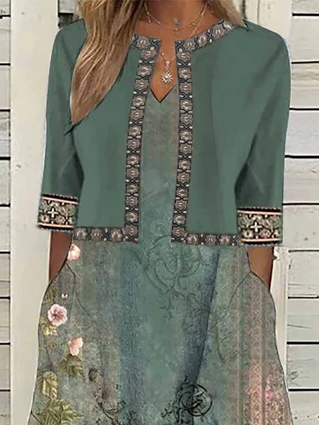 Women's Two Piece Dress Set Casual Dress Print Dress Outdoor Daily Vintage Elegant Pocket Print Midi Dress V Neck Half Sleeve Floral Regular Fit Green Summer Spring S M L XL XXL 3 Women's Two Piece Dress Set Casual Dress Print Dress Outdoor Daily Vintage Elegant Pocket Print Midi Dress V Neck Half Sleeve Floral Regular Fit Green Summer Spring S M L XL XXL - Image 3