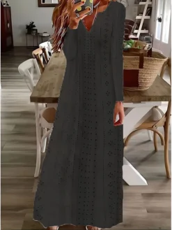 Women's Casual Dress Cotton Linen Dress Swing Dress Maxi Long Dress Polyester Basic Classic Outdoor Daily Vacation Split Neck Eyelet Long Sleeve Summer Spring Fall 2023 Regular Fit Black White Pink -Party Prom Dresses Sales Store ylzfzl1690368076195