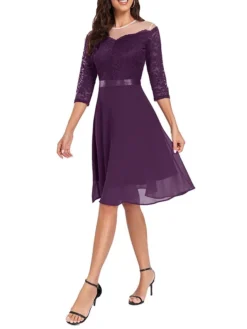 Women's Party Dress Lace Dress Cocktail Dress Midi Dress Black Wine Navy Blue 3/4 Length Sleeve Pure Color Lace Spring Fall Winter Crew Neck Fashion Winter Dress Wedding Guest Vacation 2023 S M L XL -Party Prom Dresses Sales Store ymajwh1692179553151