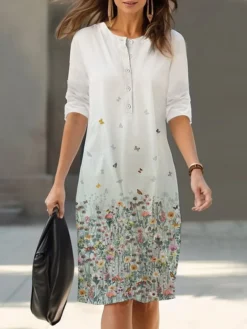 Women's Shirt Dress Casual Dress Cotton Linen Dress Midi Dress Polyester Fashion Casual Daily Outdoor Daily Vacation Crew Neck Button Print 3/4 Length Sleeve Spring Fall Autumn 2023 Loose Fit Light -Party Prom Dresses Sales Store ymcndj1693367524936