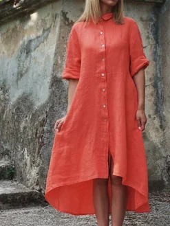 Women's Shirt Dress Casual Dress Cotton Dress Midi Dress Cotton Classic Casual Outdoor Daily Vacation Shirt Collar Ruched Button Long Sleeve Fall Winter Autumn 2023 Regular Fit Pink Red Navy Blue -Party Prom Dresses Sales Store ymdenk1693823271226