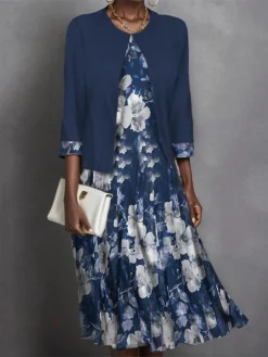 Women's Two Piece Dress Set Casual Dress Swing Dress Outdoor Office Fashion Streetwear Print Midi Dress Crew Neck 3/4 Length Sleeve Floral Regular Fit Black Purple Green Fall Winter S M L XL XXL