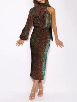 Women's Party Dress Sequin Dress Cocktail Dress Midi Dress Silver Black Champagne Long Sleeve Pure Color Sequins Fall Winter Autumn Halter Neck Fashion Wedding Guest Birthday Vacation 2023 S M L XL -Party Prom Dresses Sales Store ymidli1696310373486
