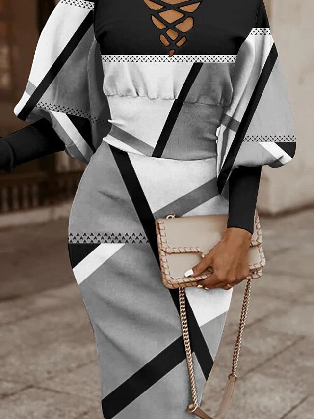 Women's Christmas Casual Dress Bodycon Sheath Dress Mini Dress Black And White Black Khaki Long Sleeve Geometric Patchwork Winter Fall Autumn V Neck Modern 2022 S M L XL XXL 9 Women's Christmas Casual Dress Bodycon Sheath Dress Mini Dress Black And White Black Khaki Long Sleeve Geometric Patchwork Winter Fall Autumn V Neck Modern 2022 S M L XL XXL - Image 9