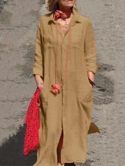 Women's Shirt Dress Casual Dress Cotton Linen Dress Maxi Long Dress Linen / Cotton Blend Fashion Daily Outdoor Daily Vacation Shirt Collar Button Pocket Long Sleeve Fall Autumn 2023 Loose Fit Blue
