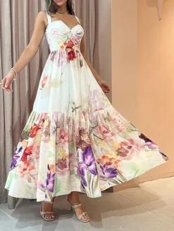 Women's Party Dress Wedding Guest Dress Swing Dress Long Dress Maxi Dress White Sleeveless Floral Ruffle Summer Spring Spaghetti Strap Fashion Birthday Wedding Guest Vacation 2023 S M L XL -Party Prom Dresses Sales Store ymsxcq1689231658883