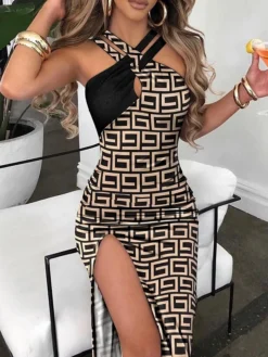 Women's Party Dress Wedding Guest Dress Bodycon Midi Dress Khaki Sleeveless Plaid Split Spring Fall Winter Halter Neck Fashion Winter Dress Wedding Guest Evening Party 2023 S M L XL XXL 3XL