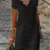 Women's Casual Dress Cotton Linen Dress Shift Dress Midi Dress Cotton Blend Basic Modern Outdoor Daily Vacation V Neck Beads Short Sleeve Summer Spring 2023 Regular Fit Black Plain S M L XL 2XL