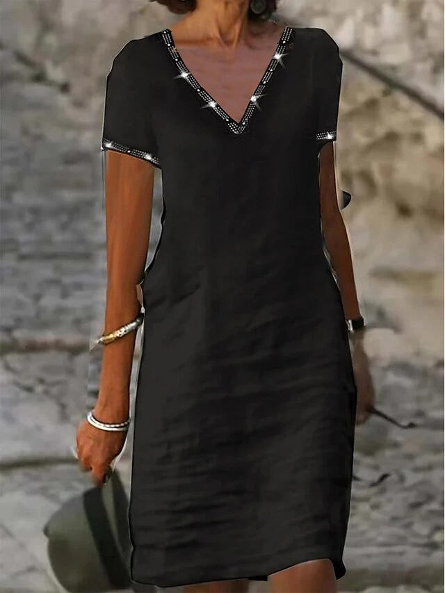Women's Casual Dress Cotton Linen Dress Shift Dress Midi Dress Cotton Blend Basic Modern Outdoor Daily Vacation V Neck Beads Short Sleeve Summer Spring 2023 Regular Fit Black Plain S M L XL 2XL 1 Women's Casual Dress Cotton Linen Dress Shift Dress Midi Dress Cotton Blend Basic Modern Outdoor Daily Vacation V Neck Beads Short Sleeve Summer Spring 2023 Regular Fit Black Plain S M L XL 2XL