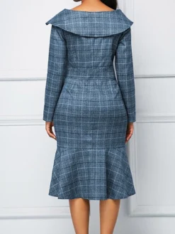 Women's Work Dress Sheath Dress Semi Formal Dress Fashion Office Daily Workfashion Midi Dress Ruffle Button Shirt Collar Long Sleeve Plaid Regular Fit Blue Purple Gray Fall Winter S M L XL XXL -Party Prom Dresses Sales Store ynvcly1695027393890
