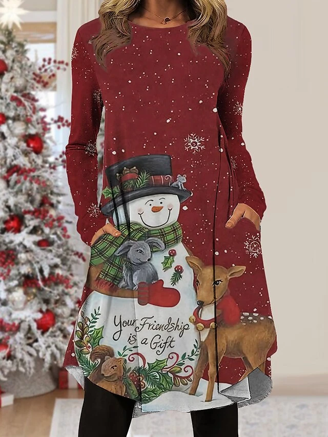 Women's Christmas Work Dress Casual Dress Fashion Winter DressDaily Midi Dress Pocket Print Crew Neck Long Sleeve SnowmanTree Regular Fit Black Wine Red Fall Winter S M L XL XXL 2 Women's Christmas Work Dress Casual Dress Fashion Winter DressDaily Midi Dress Pocket Print Crew Neck Long Sleeve SnowmanTree Regular Fit Black Wine Red Fall Winter S M L XL XXL - Image 2