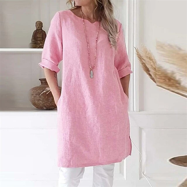 Women's Cotton Linen Dress A Line Dress Mini Dress Cotton Cotton Blend Casual Comfort Home Split Neck Pocket Rolled Cuff Half Sleeve Summer Spring Loose Fit Pink Light Blue Gray Pure Color S M L XL 4 Women's Cotton Linen Dress A Line Dress Mini Dress Cotton Cotton Blend Casual Comfort Home Split Neck Pocket Rolled Cuff Half Sleeve Summer Spring Loose Fit Pink Light Blue Gray Pure Color S M L XL - Image 4