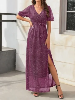Women's Long Dress Maxi Dress Party Dress Formal Dress Summer Dress Pure Color Streetwear Modern Party Outdoor Holiday Lace Up Split Short Sleeve V Neck Dress Loose Fit Black Red Blue Summer Spring S -Party Prom Dresses Sales Store yobujo1678860554569