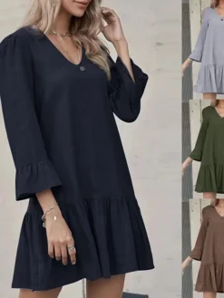 Women's Casual Dress Cotton Dress Swing Dress Cotton Blend Fashion Classic Holiday Weekend Beaches V Neck Pleated Ruffle Long Sleeve Navy Blue Brown Green S M L XL 2XL -Party Prom Dresses Sales Store ypdoxb1690547567019