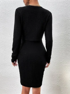 Women's Two Piece Dress Set Casual Dress Sheath Dress Daily Going Out Fashion Streetwear Button Midi Dress Crew Neck Long Sleeve Plain Regular Fit Black Purple Green Fall Winter S M L XL -Party Prom Dresses Sales Store ypfuep1693805485747