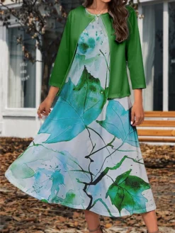 Women's Two Piece Dress Set Casual Dress Swing Dress Outdoor Office Fashion Streetwear Print Midi Dress Crew Neck 3/4 Length Sleeve Leaf Regular Fit Yellow Green Gray Fall Winter S M L XL XXL -Party Prom Dresses Sales Store ypokzc1697782997327