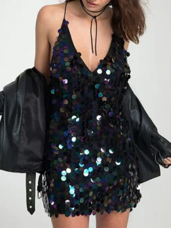 Women‘s Party Dress Sequin Dress Homecoming Dress Cocktail Dress Mini Dress Dark Blue Sleeveless Pure Color Sparkly Glitter Sequins Summer Spring Fall Spaghetti Strap Fashion Vacation Slim -Party Prom Dresses Sales Store yqjdfi1692770048641
