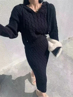 Women's Two Piece Dress Set Casual Dress Skirt Set Outdoor Daily Fashion Streetwear Patchwork Midi Dress Hooded Long Sleeve Plain Loose Fit Black Khaki Apricot Fall Winter One-Size -Party Prom Dresses Sales Store yqpkxh1695722090066