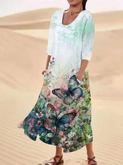 Women's Casual Dress Cotton Linen Dress Swing Dress Maxi Long Dress Polyester Fashion Casual Daily Outdoor Daily Vacation V Neck Pocket Print Long Sleeve Summer Spring Fall 2023 Loose Fit Light Green -Party Prom Dresses Sales Store yrbiws1690540461685