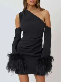 Women's Party Dress Feather Dress Homecoming Dress Mini Dress Black White Long Sleeve Pure Color Feather Fall Winter Autumn One Shoulder Fashion Winter Dress Wedding Guest Vacation 2023 S M L XL -Party Prom Dresses Sales Store yrlkao1693982264845