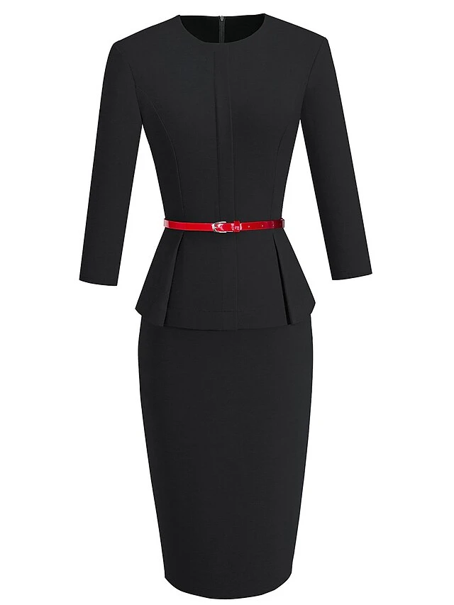 Women's Work Dress Sheath Dress Semi Formal Dress Fashion Midi Dress Ruched Crew Neck 3/4 Length Sleeve Plain Regular Fit Black Red Blue Fall Winter S M L XL XXL 5 Women's Work Dress Sheath Dress Semi Formal Dress Fashion Midi Dress Ruched Crew Neck 3/4 Length Sleeve Plain Regular Fit Black Red Blue Fall Winter S M L XL XXL - Image 5