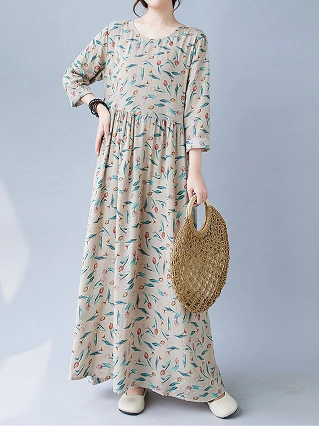 Women's Casual Dress Linen Dress Swing Dress Maxi Long Dress Linen Fashion Modern Outdoor Daily Holiday Crew Neck Print Long Sleeve Fall Winter Autumn 2023 Loose Fit Apricot Flower L XL 2XL 3 Women's Casual Dress Linen Dress Swing Dress Maxi Long Dress Linen Fashion Modern Outdoor Daily Holiday Crew Neck Print Long Sleeve Fall Winter Autumn 2023 Loose Fit Apricot Flower L XL 2XL - Image 3