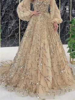 Women‘s Prom Dress Party Dress Sequin Dress Long Dress Maxi Dress Pink Gold Green Long Sleeve Pure Color Sparkly Glitter Sequins Spring Fall Winter V Neck Fashion Winter Dress Wedding Guest -Party Prom Dresses Sales Store ysifyc1693897495557