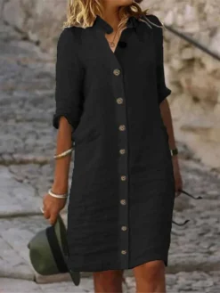 Women's Shirt Dress Casual Dress Cotton Linen Dress Midi Dress Cotton Blend Fashion Basic Outdoor Daily Shirt Collar Button Half Sleeve Summer Spring Fall 2023 Regular Fit Black White Green Plain S M -Party Prom Dresses Sales Store yskbaj1683527850877