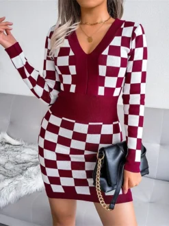 Women's Sweater Dress Jumper Dress Casual Dress Mini Dress Fashion Plaid Outdoor Daily Vacation Going Out V Neck Long Sleeve 2023 Loose Fit Black Yellow Wine One Size -Party Prom Dresses Sales Store ytafgm1694756661688