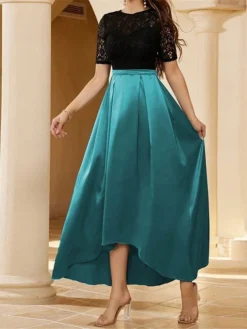 Women's Prom Dress Party Dress Lace Dress Long Dress Maxi Dress Blue Short Sleeve Pure Color Lace Summer Spring Fall Crew Neck Fashion Evening Party Wedding Guest Vacation 2023 S M L XL