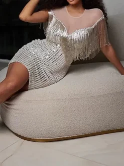 Women's Party Dress Fringe Dress Homecoming Dress Mini Dress Silver Short Sleeve Pure Color Tassel Fringe Spring Fall Winter Crew Neck Fashion Wedding Guest Birthday Vacation Slim 2023 S M L XL -Party Prom Dresses Sales Store ytftiy1693983148765