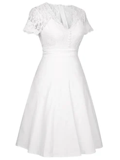 Women's Party Dress Lace Dress Homecoming Dress Midi Dress White Short Sleeve Pure Color Lace Summer Spring V Neck Stylish Party Wedding Guest Spring Dress 2023 S M L XL XXL 3XL -Party Prom Dresses Sales Store ytfxrf1660535343077