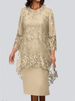 Women's Work Dress Lace Dress Semi Formal Dress Fashion Midi Dress Lace Patchwork Crew Neck 3/4 Length Sleeve Plain Loose Fit Champagne Wine Navy Blue Spring Fall S M L XL XXL -Party Prom Dresses Sales Store ytiyst1691042277092