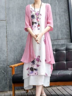 Women's Two Piece Dress Set Casual Dress Print Dress Daily Holiday Fashion Classic Fake Two Piece Print Midi Dress Crew Neck 3/4 Length Sleeve Floral Loose Fit White Pink Red Fall Winter One-Size -Party Prom Dresses Sales Store ytmxac1694068746628