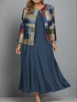 Women's Plus Size Two Piece Dress Set Casual Dress Swing Dress Outdoor Office Fashion Streetwear Print Midi Dress Crew Neck Long Sleeve Plaid Regular Fit Black Blue Brown Fall Winter L XL XXL 3XL 4XL -Party Prom Dresses Sales Store ytopia1697681150977