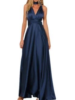 Women's Prom Dress Wedding Guest Dress Satin Dress Long Dress Maxi Dress Pink Navy Blue Green Sleeveless Pure Color Backless Summer Spring Fall V Neck Fashion Party Evening Party Wedding Guest 2023