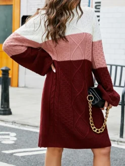 Women's Sweater Dress Jumper Dress Casual Dress Midi Dress Fashion Color Block Outdoor Holiday Vacation Going Out Round Neck Long Sleeve Patchwork 2023 Loose Fit Wine Khaki S M L XL -Party Prom Dresses Sales Store ytsdru1697537960005